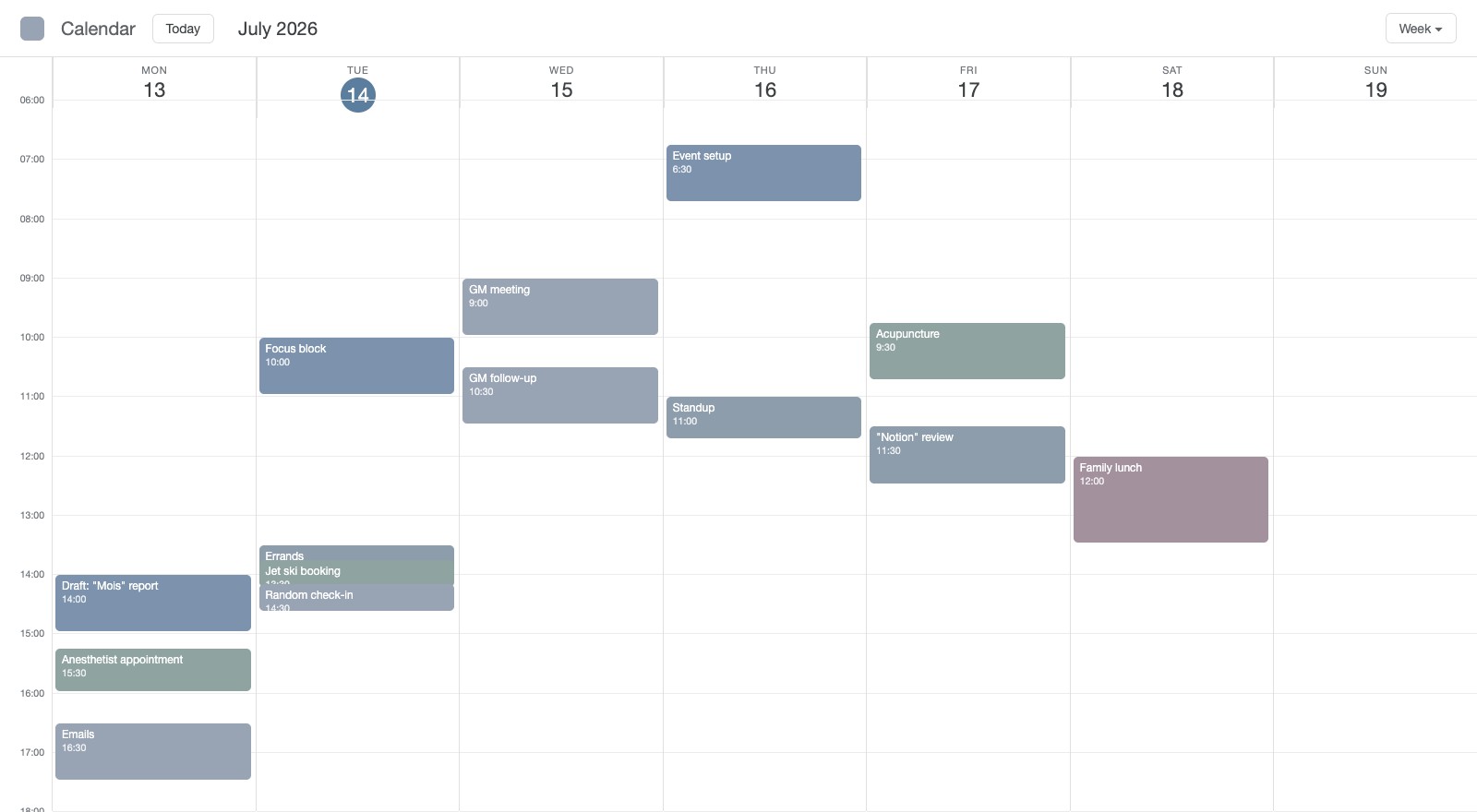 A plain calendar: the same week, in grey