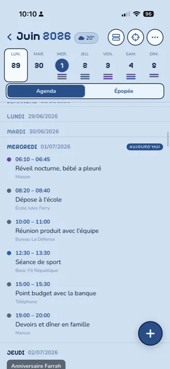 iOS app, Agenda view: the list of today's events, with colored tags.