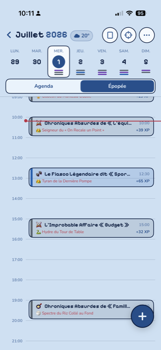 App iOS, vue Épopée : la journée rejouée en quêtes - Le Fiasco Légendaire dit « Sport », L'Improbable Affaire « Budget » - avec l'XP gagné.