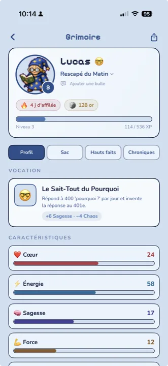 Le grimoire du héros sur iPhone : vocation et caractéristiques, une trace de tes journées.