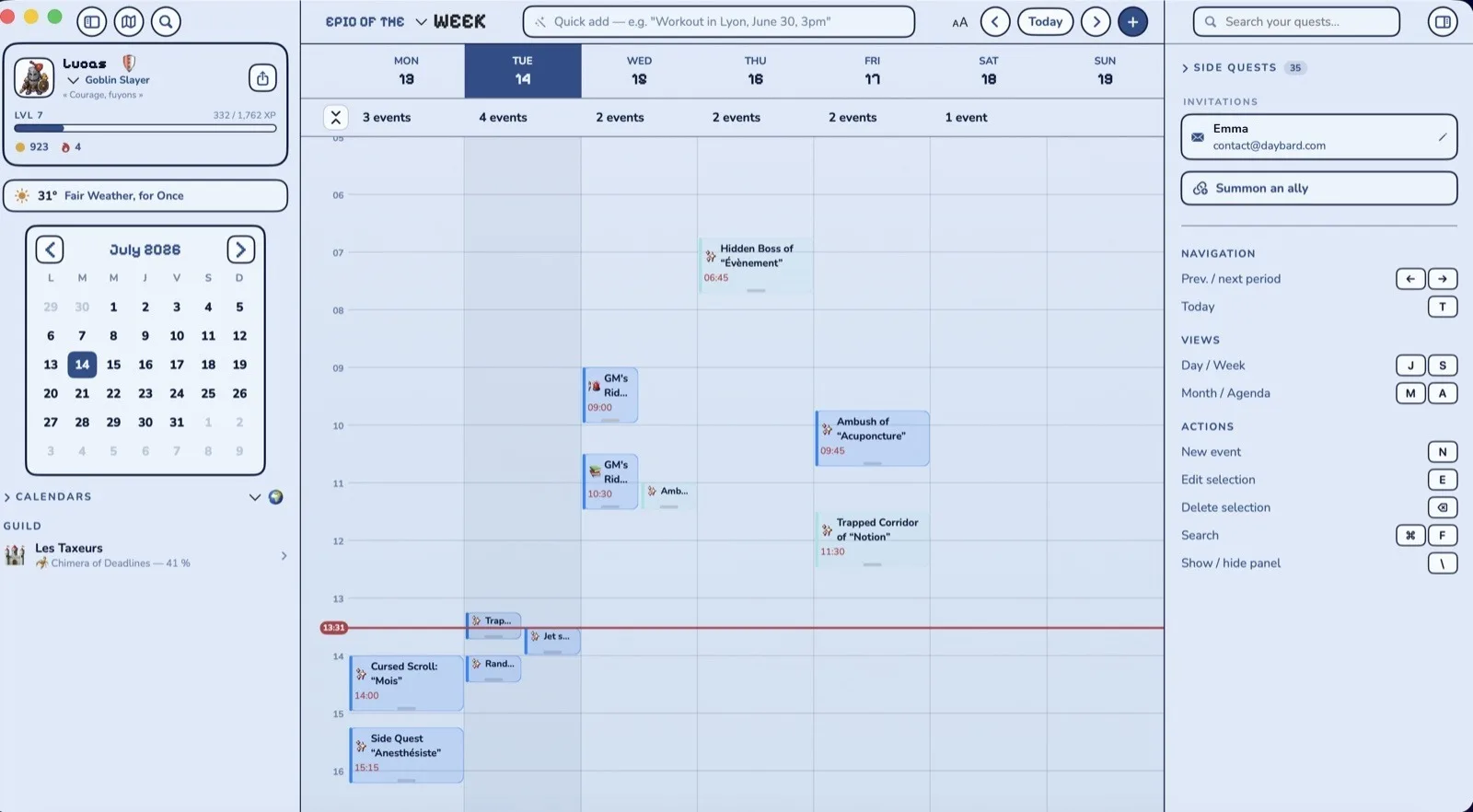 The same week in Daybard on Mac: hourly timeline, events turned into quests, mini-month and keyboard shortcuts.