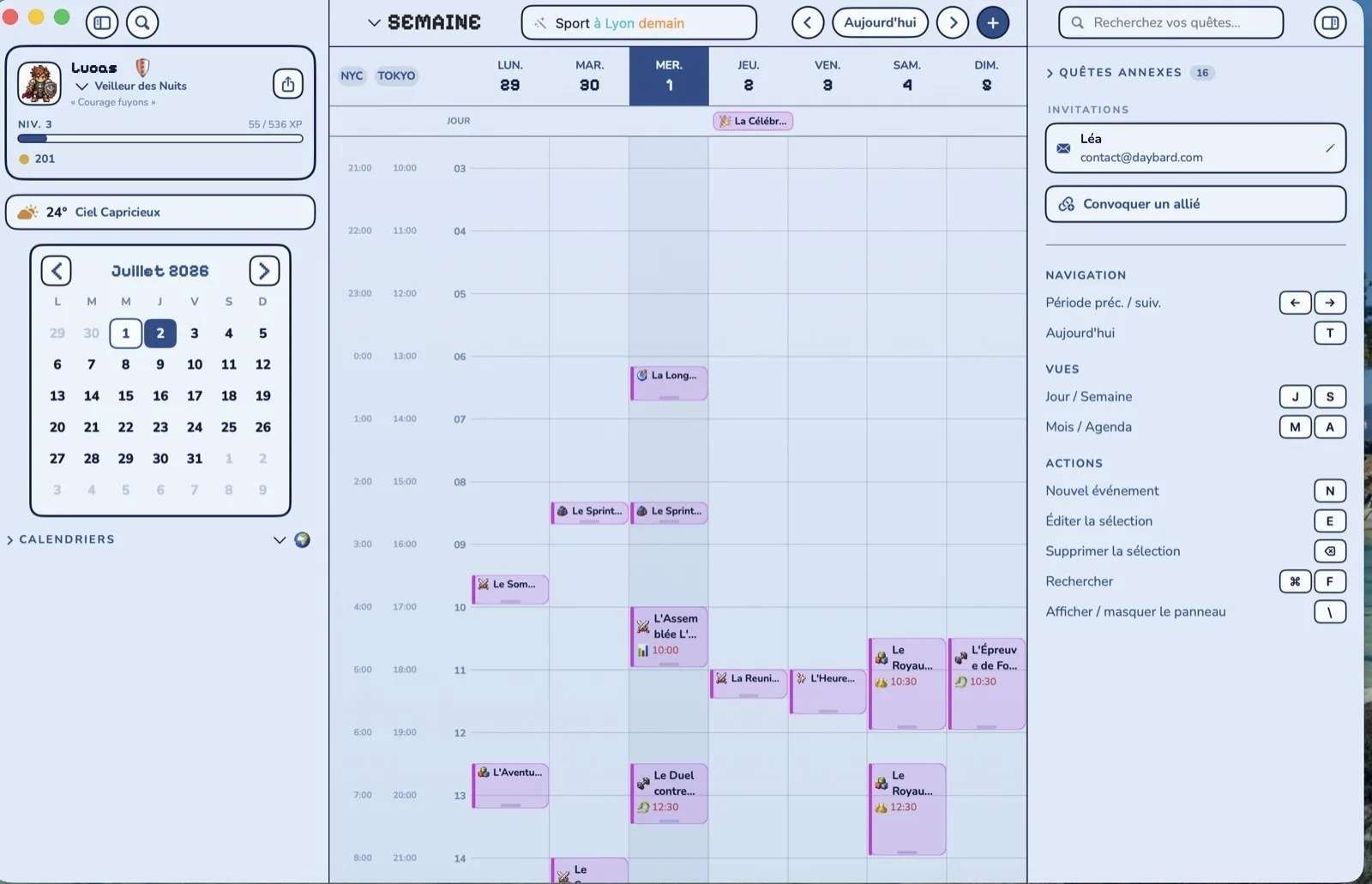 La même semaine dans Daybard sur Mac : timeline horaire, rendez-vous transformés en quêtes, mini-mois et raccourcis clavier.