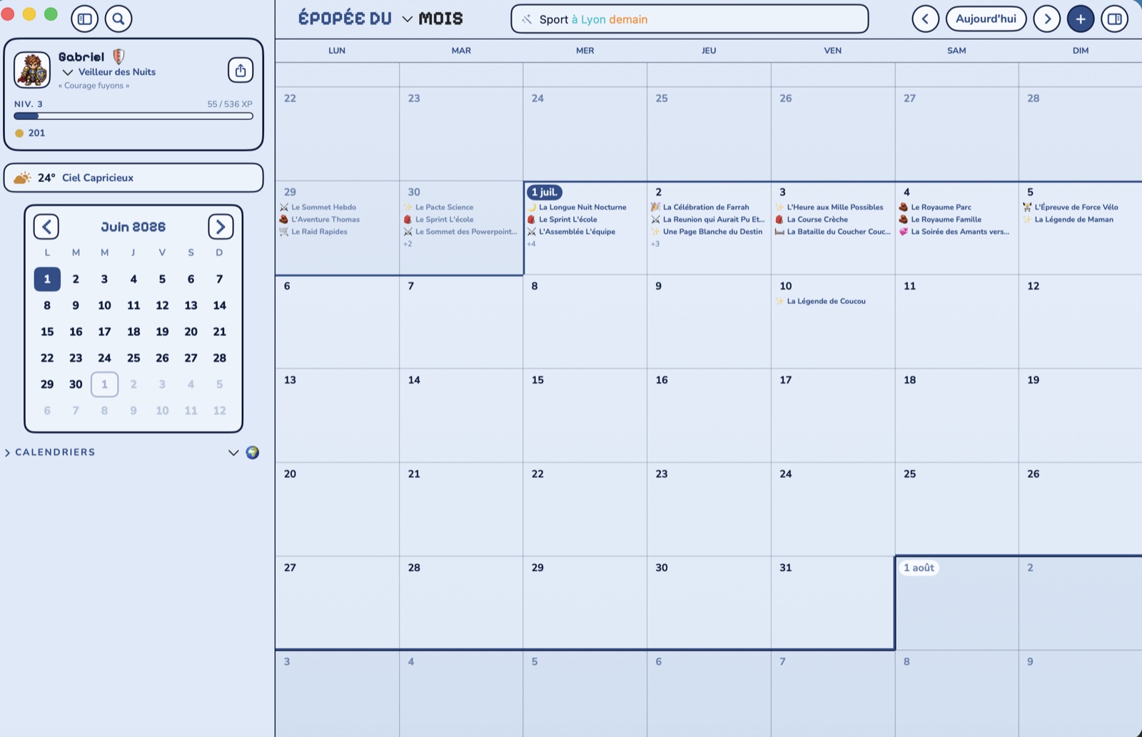 The Daybard gamified calendar on Mac in Month view: every day filled with quests, with the hero panel and mini-month.