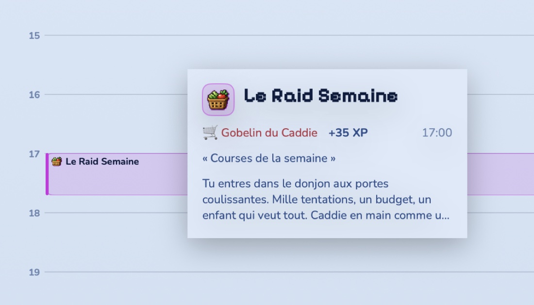 Le détail d'une quête sur Mac : « Le Raid Semaine », Gobelin du Caddie, +35 XP, avec sa narration.