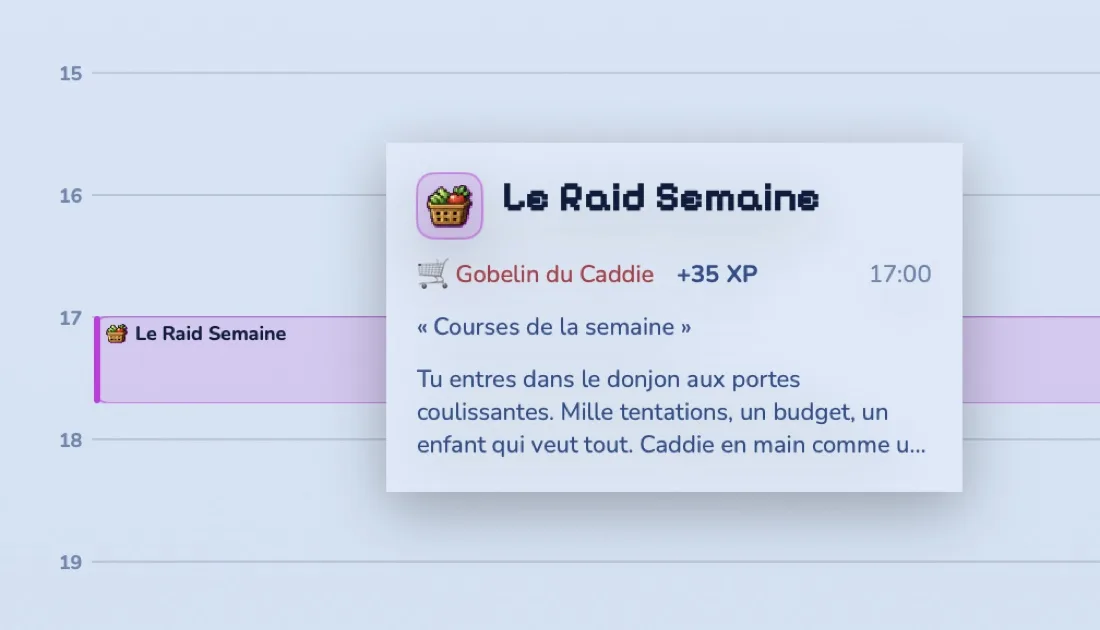 Le détail d'une quête sur Mac : les courses de la semaine deviennent « Le Raid Semaine », avec sa menace, le Gobelin du Caddie, et 35 XP.