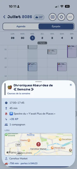 iOS app, a quest's detail view: time, XP, companion, and a map of the location.