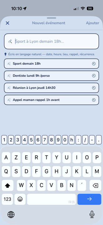 App iOS, ajout d'événement en langage naturel : « Sport à Lyon demain 18h ».