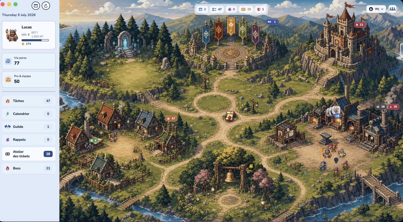 The Daybard Kingdom view on Mac: your calendar, tasks and guild laid out on a living pixel-art village — castle, portal, banners, and the sidebar (level-5 hero, tasks, calendar, ticket workshop, boss).
