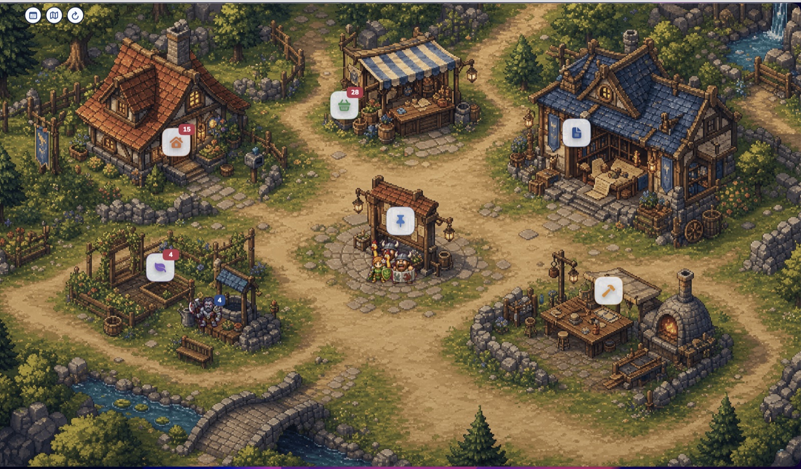 Zoom sur le village de la vue Royaume : la maison du foyer (15 tâches), l'échoppe du marché (28), le jardin (4), le tableau d'affichage central et la forge, chacun avec son badge cliquable.