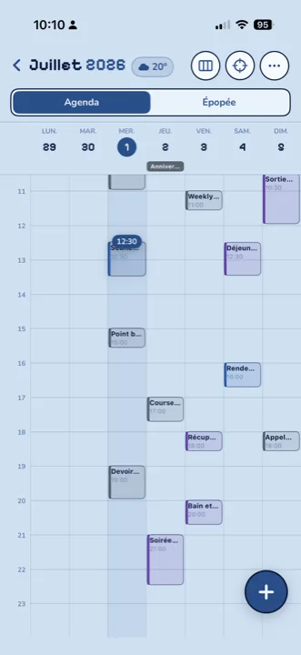 iOS app, Week view: the seven-day columns with events placed.